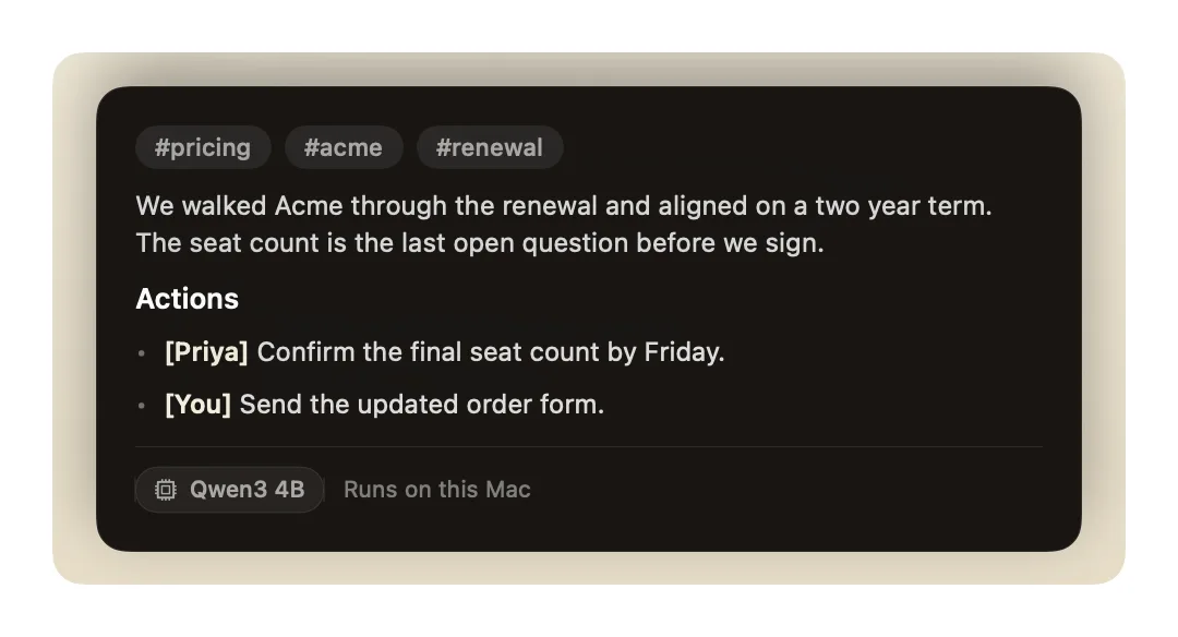 A meeting summary with tags, key points, and actions, written by a model running on the Mac.