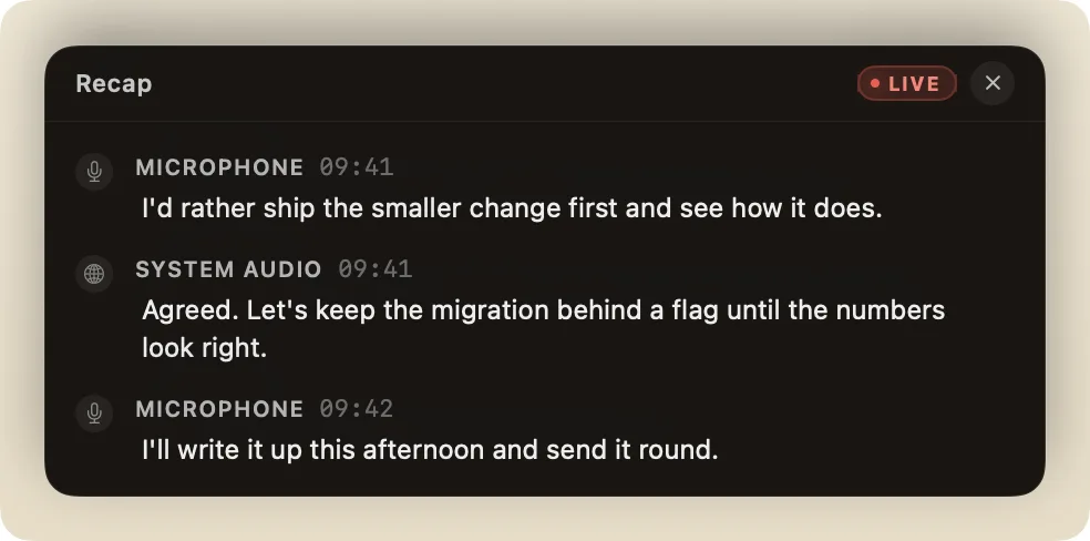 The live recap drawer during a call, showing three clean spoken lines from the microphone and the system audio tracks.