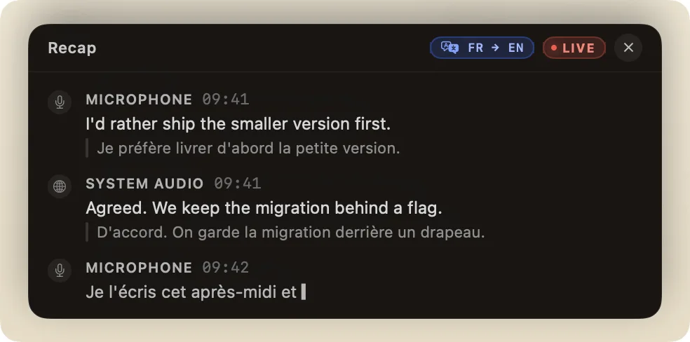 The live recap drawer translating a French meeting into English, with the original line kept underneath the translation.