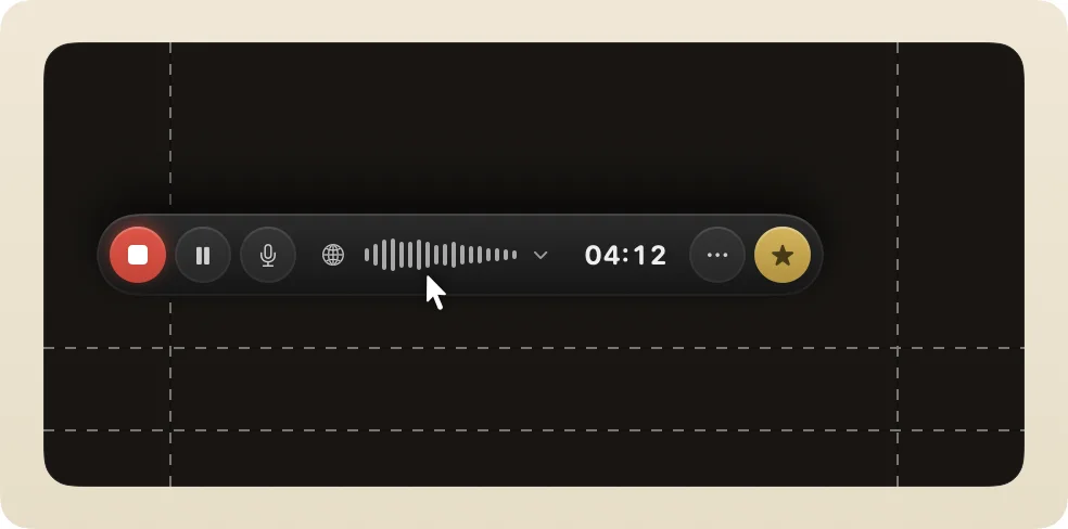 The recording pill lifted away from its usual spot at the bottom of the screen, with dashed guides marking where it normally sits.