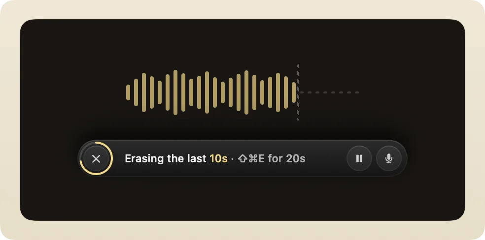 The recording pill counting down an erase, over a waveform whose last few seconds have gone flat and silent.