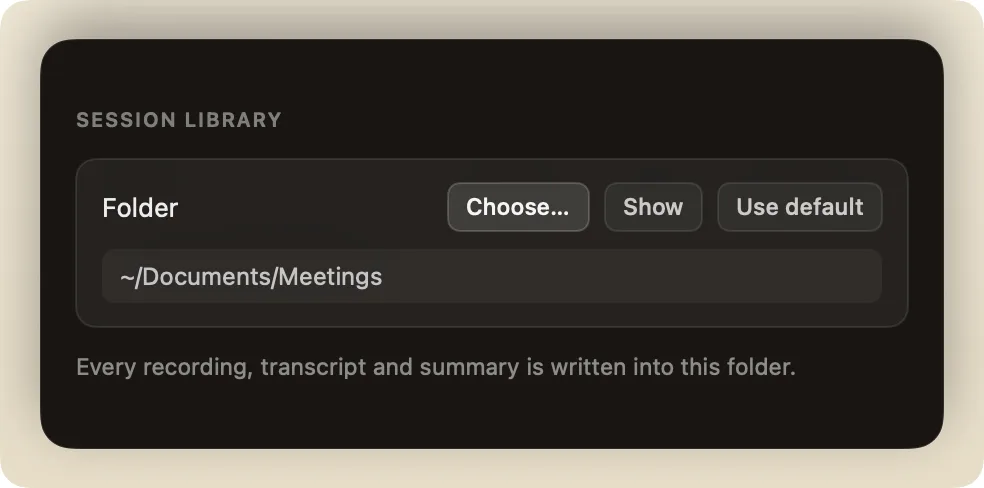 The Session library row in Trace's settings, showing a chosen folder in Documents with buttons to change it or go back to the default.
