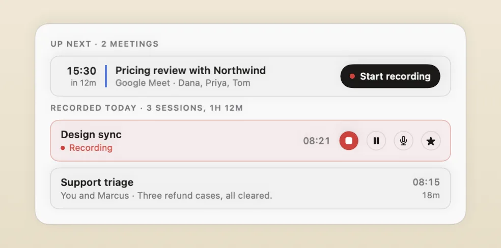 Trace's new home screen: the next meeting with a Start recording button, then today's recordings, one of them still recording with its controls on the row.