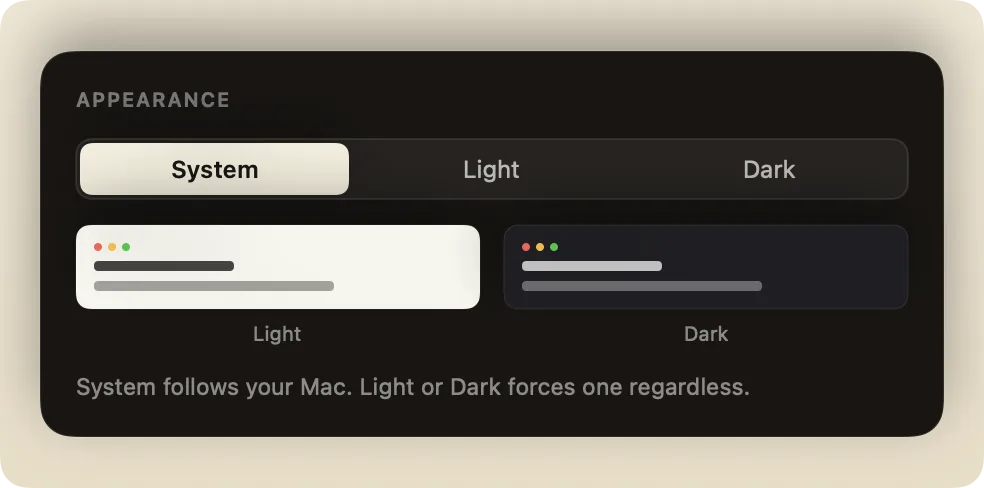 The Appearance setting with System, Light, and Dark options.