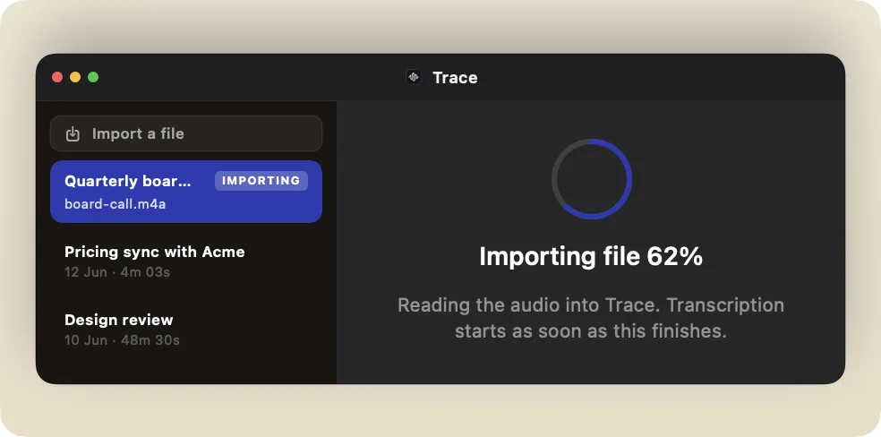 The History window importing an audio file, with a progress ring at 62 percent.