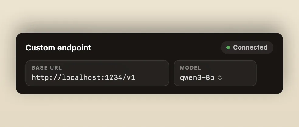 The custom endpoint settings panel with a base URL, a model picker, and a connected status.