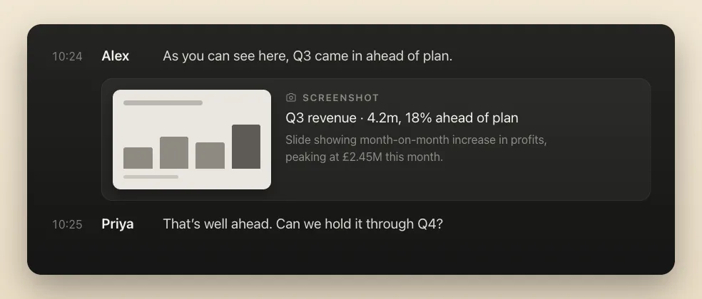 A transcript with a captured screenshot of a revenue slide sitting inline between two spoken lines.